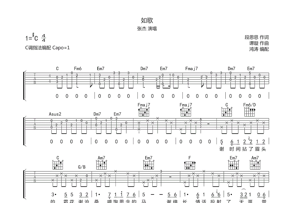《岁月如歌》,陈奕迅（六线谱 调六线吉他谱-虫虫吉他谱免费下载