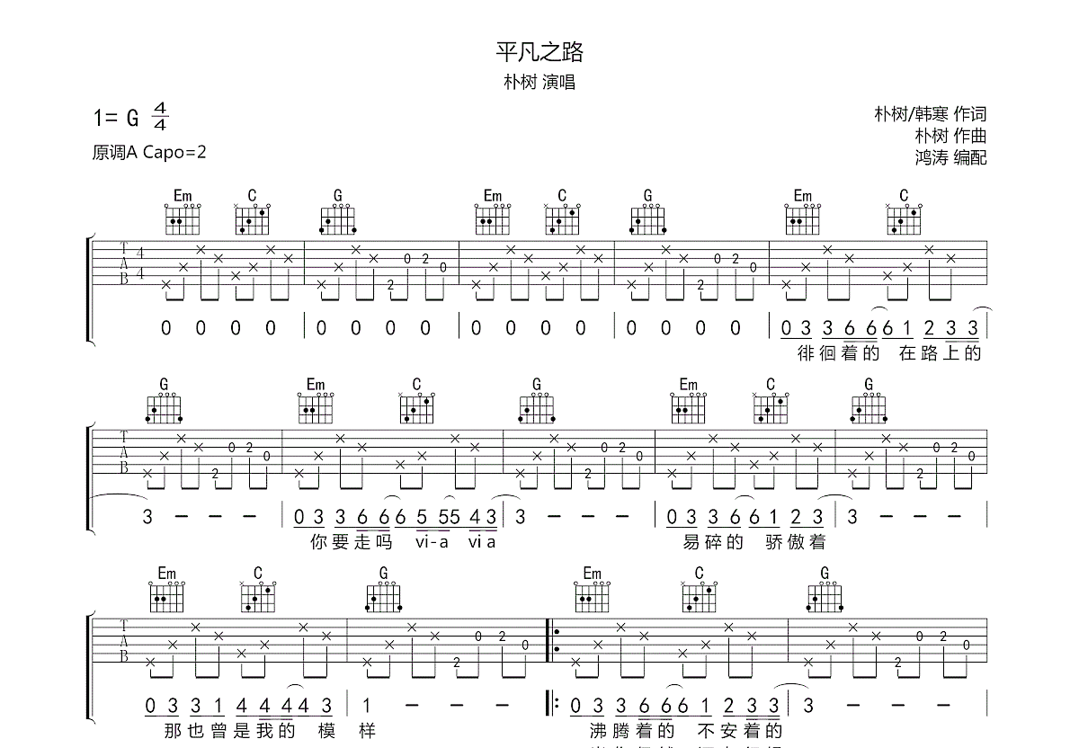平凡之路吉他譜_朴樹_g調彈唱71%原版 - 吉他世界