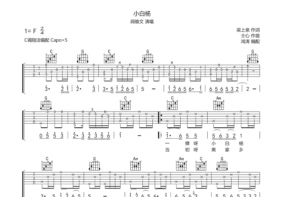 小白杨吉他谱图片