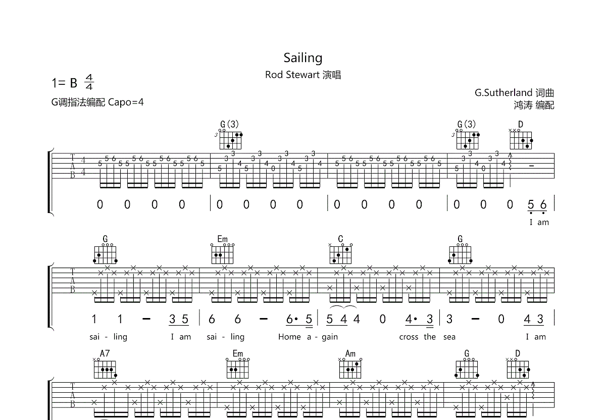 sailing吉他指弹谱图片