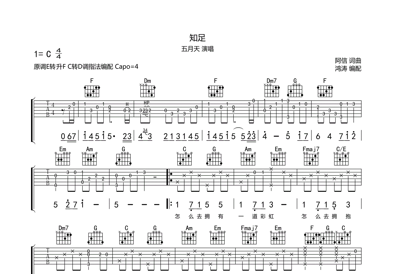 知足吉他谱 - 五月天 - 吉他独奏谱 - 琴谱网