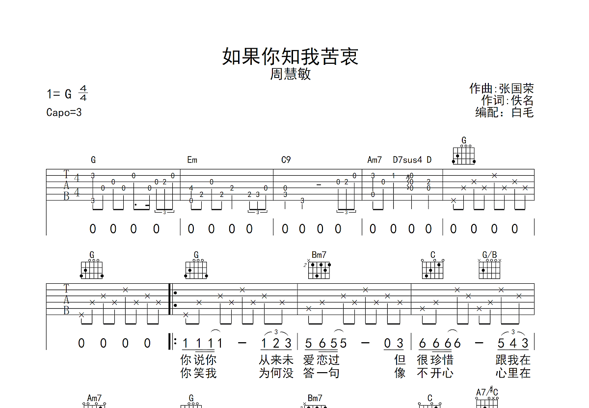 如果你知我苦衷吉他谱_周慧敏_g调弹唱88%原版 - 吉他世界