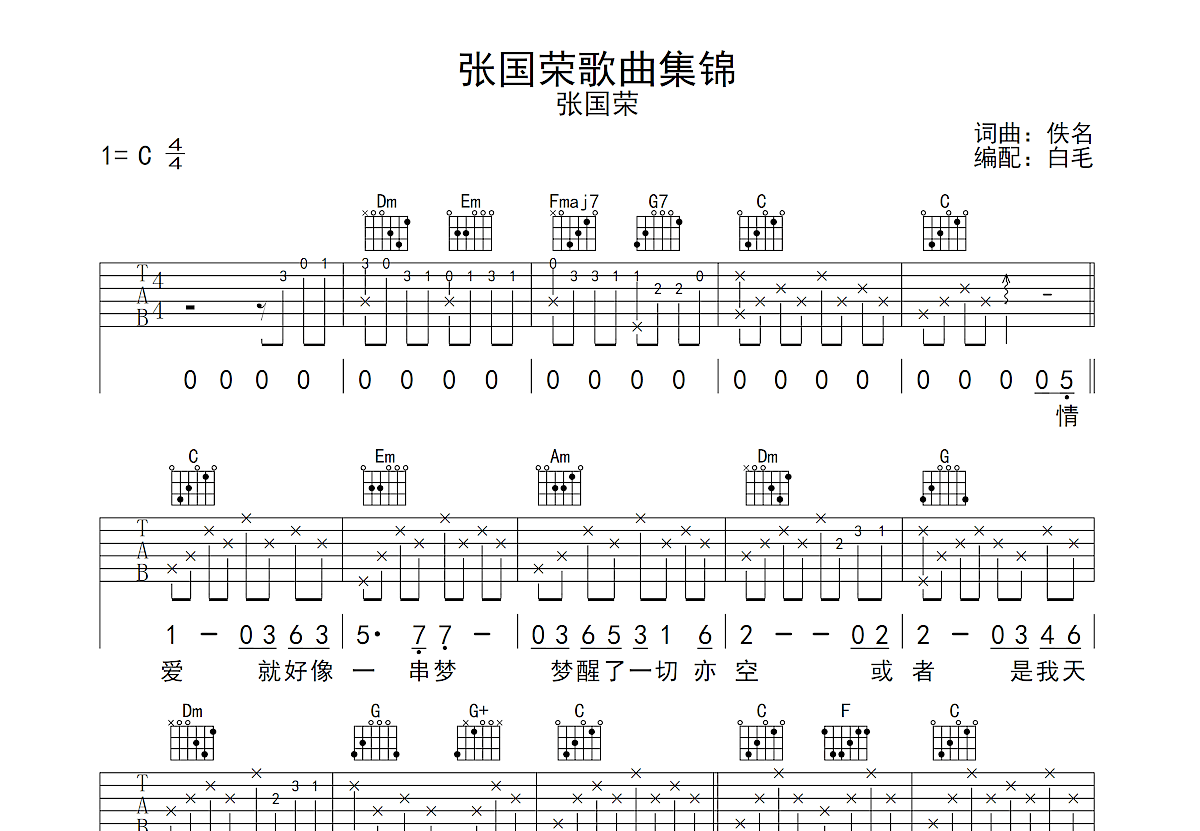 左右手吉他谱_张国荣_C调弹唱60%单曲版 - 吉他世界