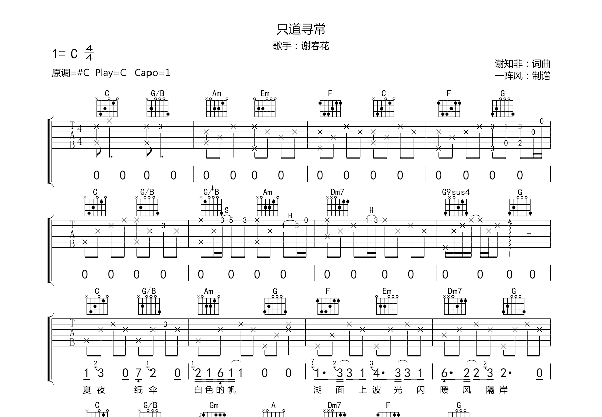 只道寻常吉他谱_谢春花_c调弹唱88%原版 - 吉他世界