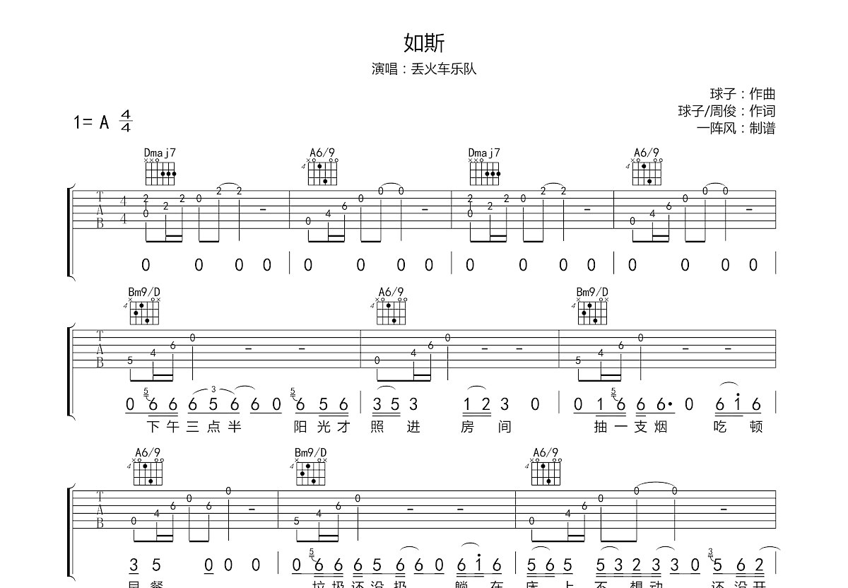 如斯吉他谱_丢火车乐队_a调弹唱吉他谱86%原版 - 吉他世界