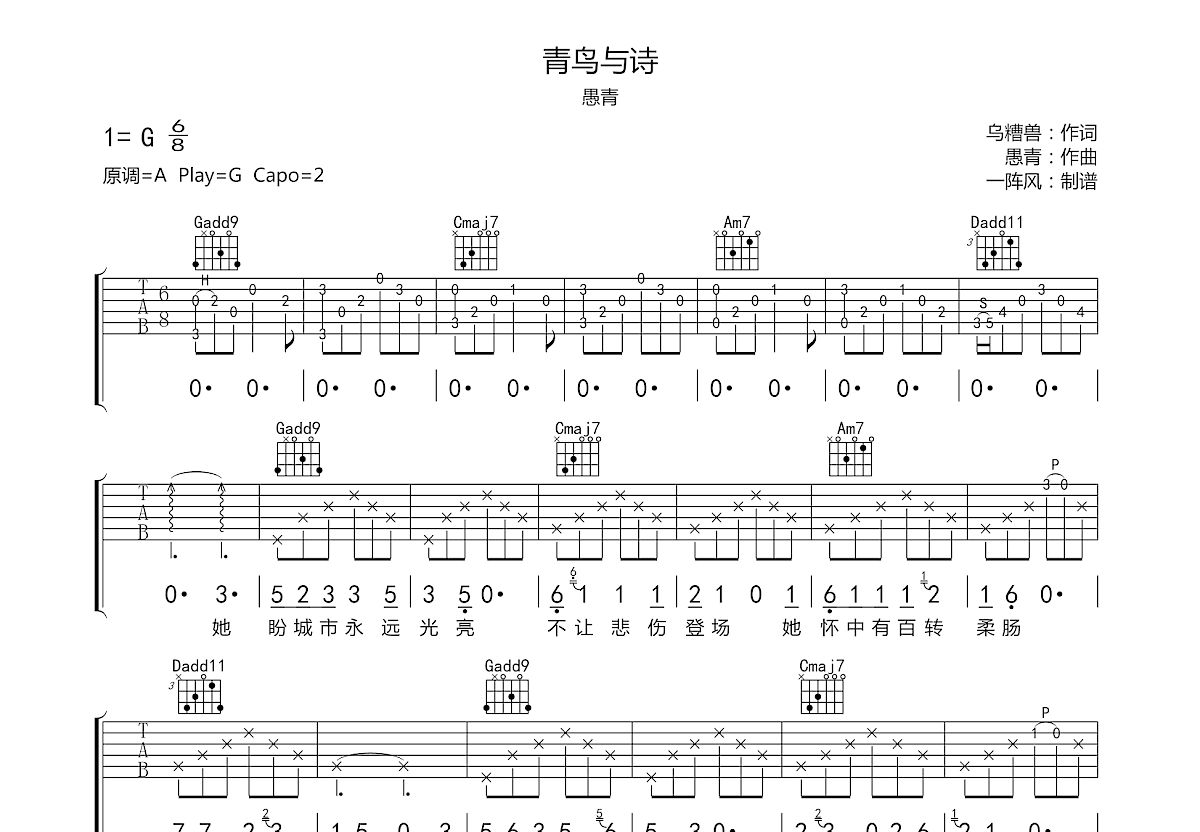 青鸟Ⅱ吉他谱_许巍_B调弹唱69%专辑版 - 吉他世界