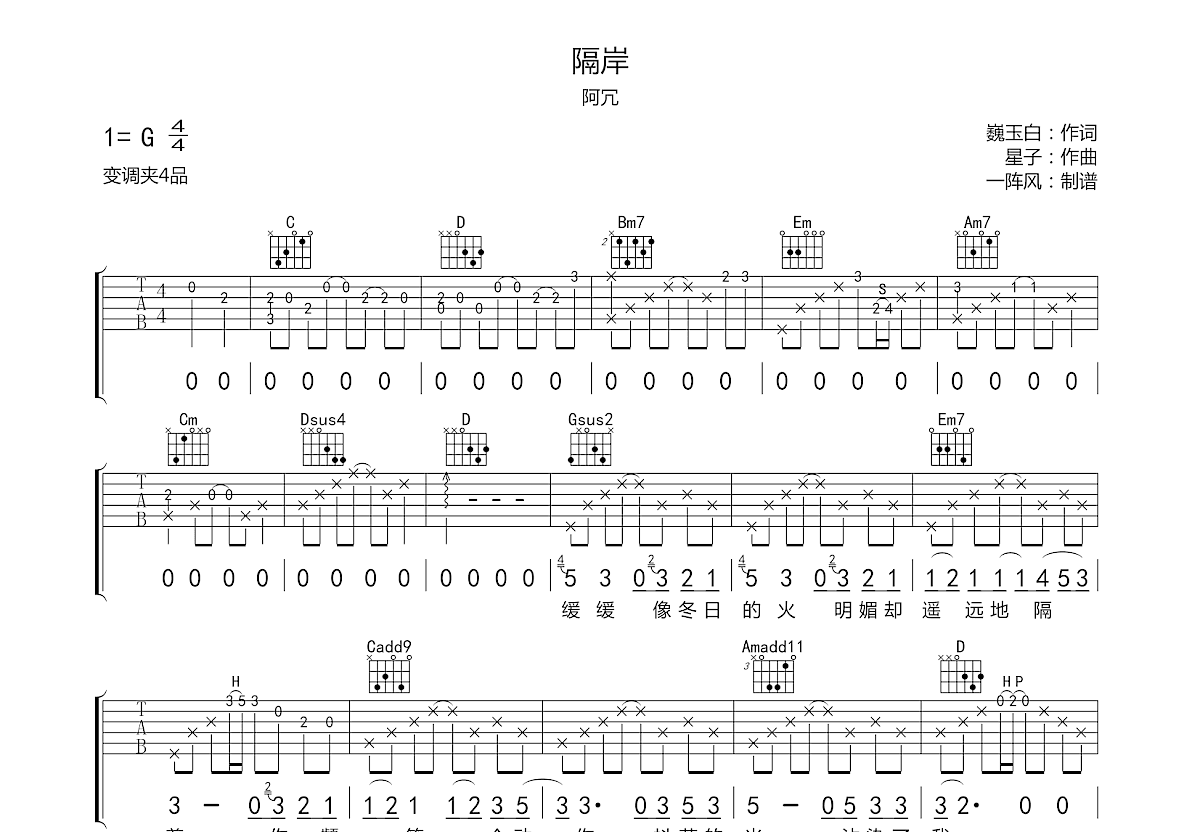 隔岸吉他谱指弹图片