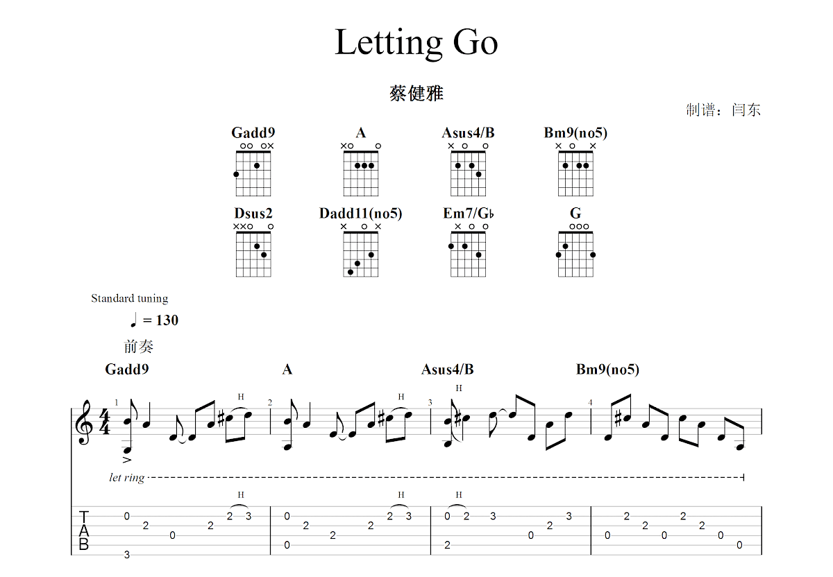 蔡健雅《Letting Go》原版吉他谱C调六线吉他谱-虫虫吉他谱免费下载
