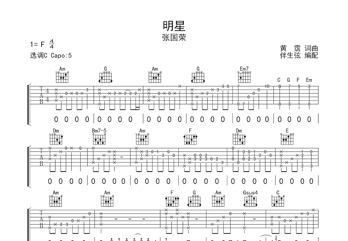 明星吉他谱张国荣图片