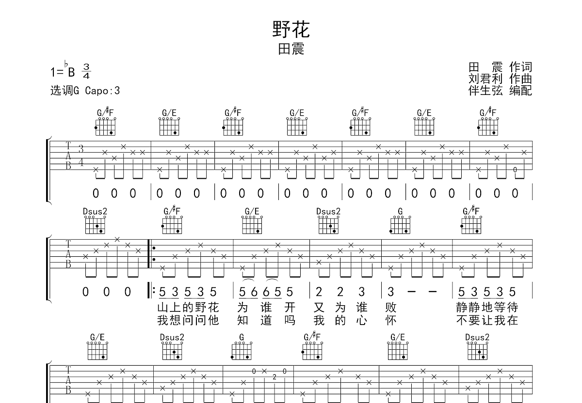 野花吉他谱 - 田震 - A调吉他弹唱谱 - 琴谱网