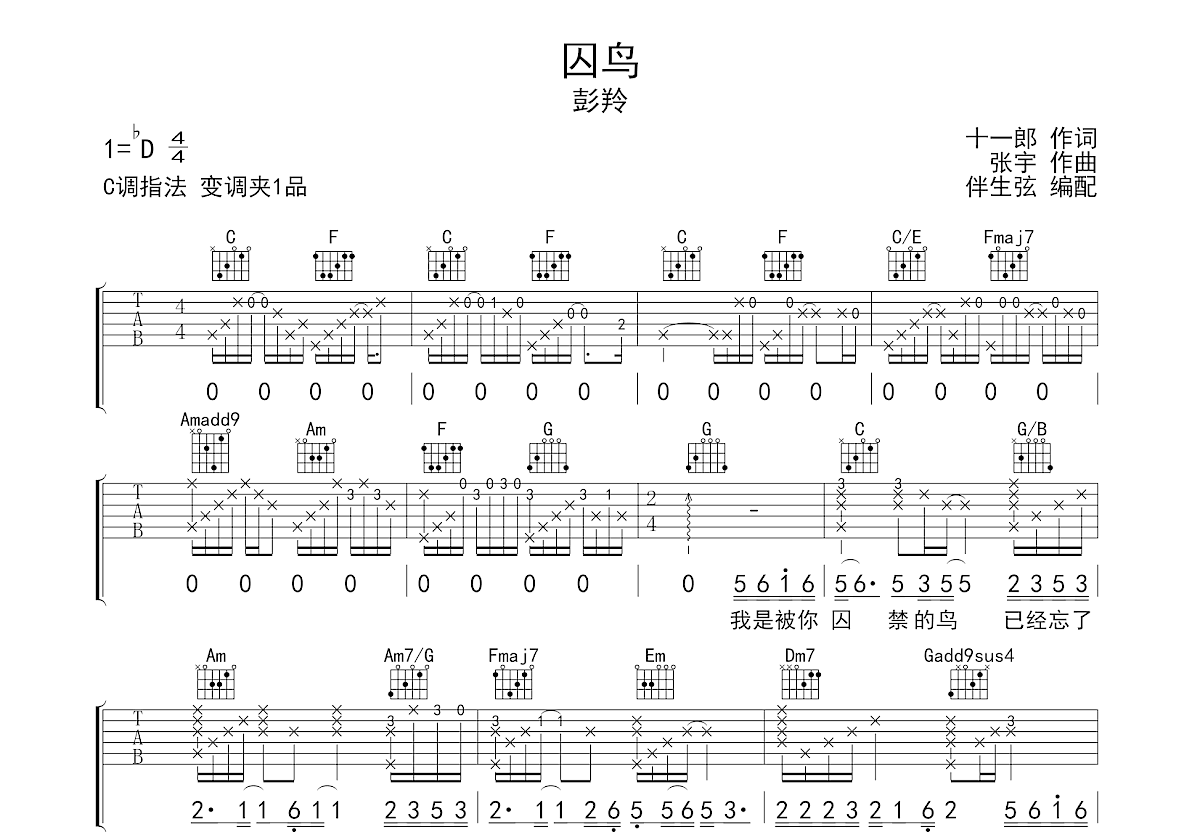 囚鸟吉他谱_彭羚_C调弹唱75%单曲版 - 吉他世界