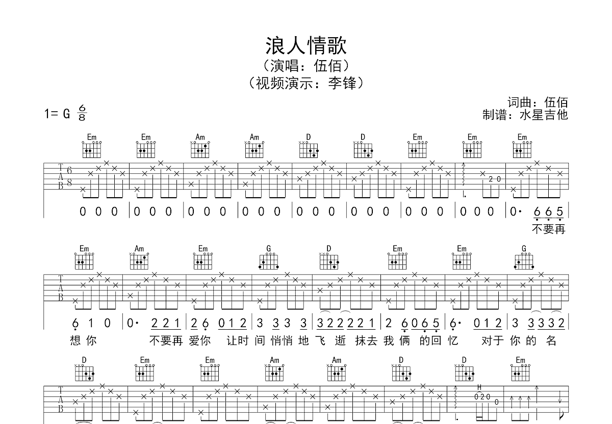 浪人情歌(高清版) 吉他谱 -VanlePie-玩乐派