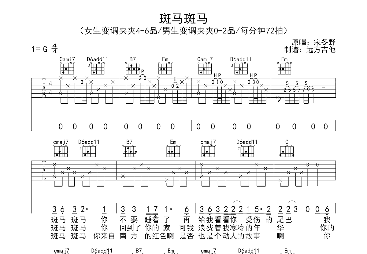 《斑马斑马》刘大壮 _吉他弹唱谱-知音琴谱