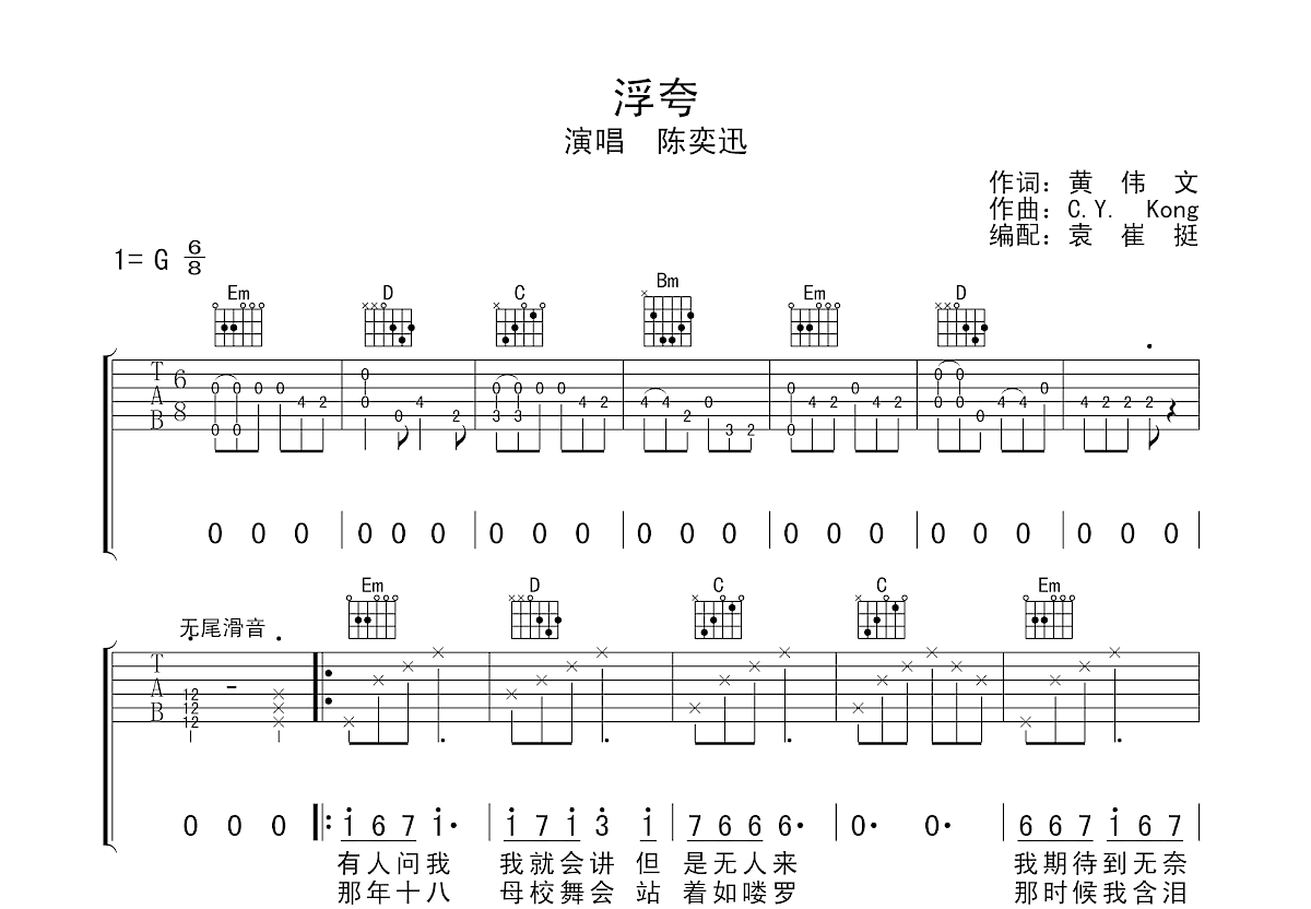 陈奕迅《浮夸》吉他谱(C调)-Guitar Music Score-看谱啦