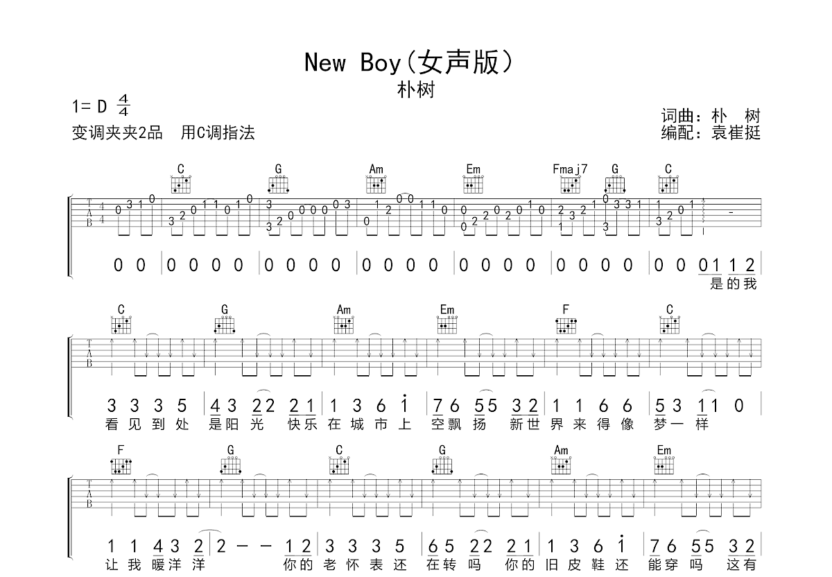 New Boy吉他谱 - 朴树 - C调吉他弹唱谱 - 琴谱网