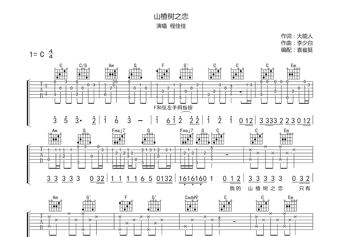 山楂树之恋吉他谱_程佳佳_c调弹唱64%单曲版 - 吉他世界