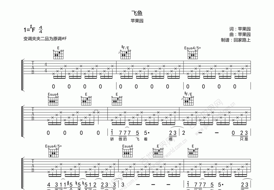 飞鱼吉他谱_苹果园_升f弹唱 吉他世界