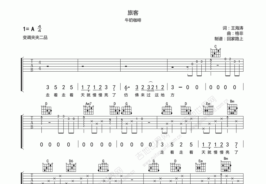 旅客吉他谱_牛奶咖啡_a调弹唱 - 吉他世界