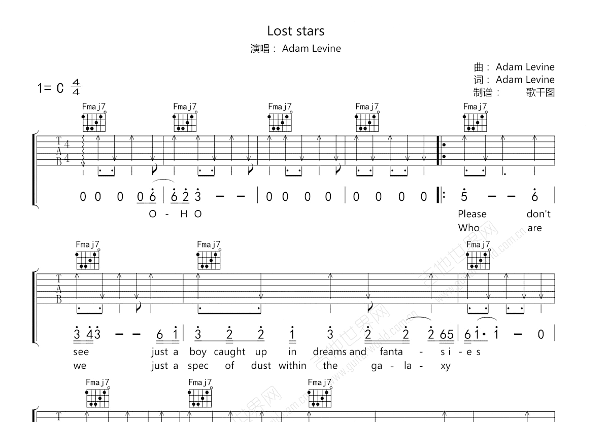 《Lost Stars》吉他和弦谱 - 初级吉他谱C调版 - 吉他简谱