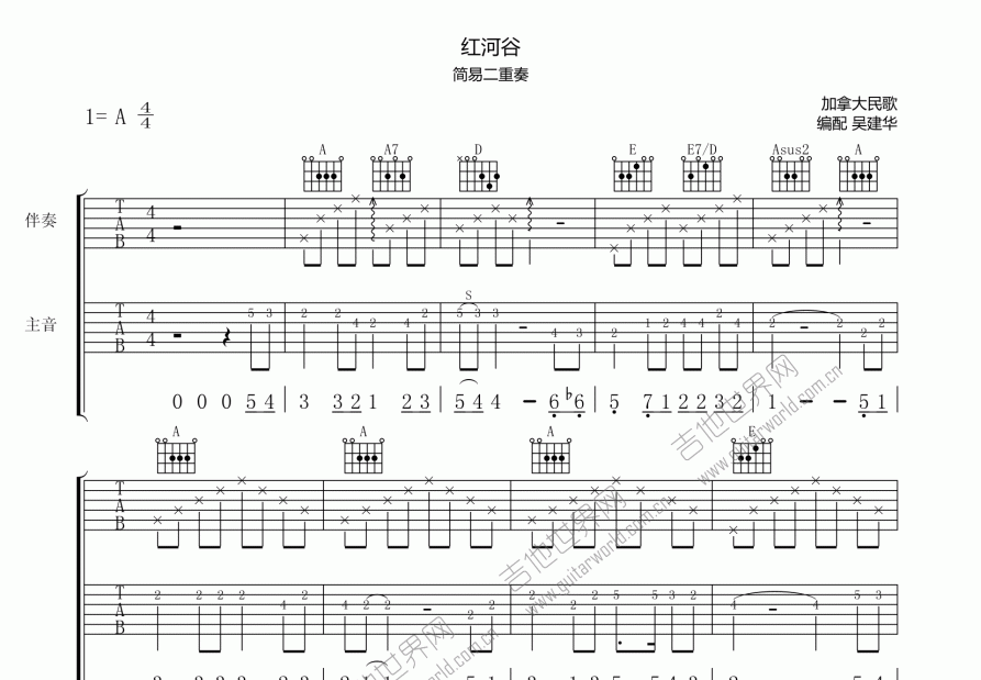 红河谷吉他指弹六线谱图片