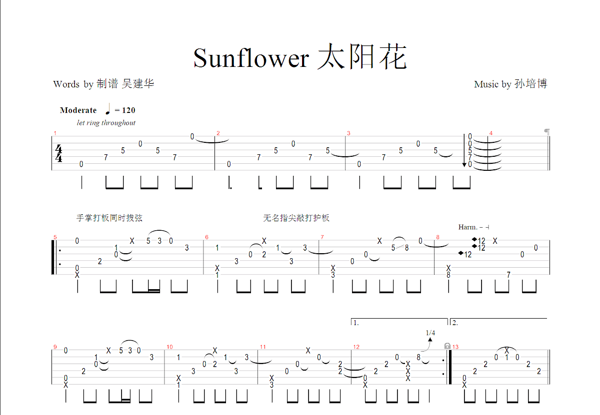 太阳花吉他谱 - 孙培博 - 吉他独奏谱 - 琴谱网