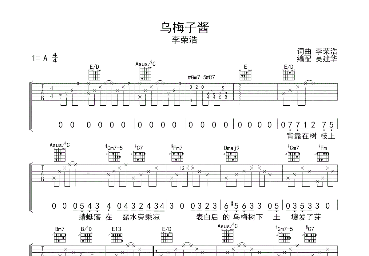 乌梅子酱吉他谱 李荣浩 A调弹唱89 专辑版 吉他世界