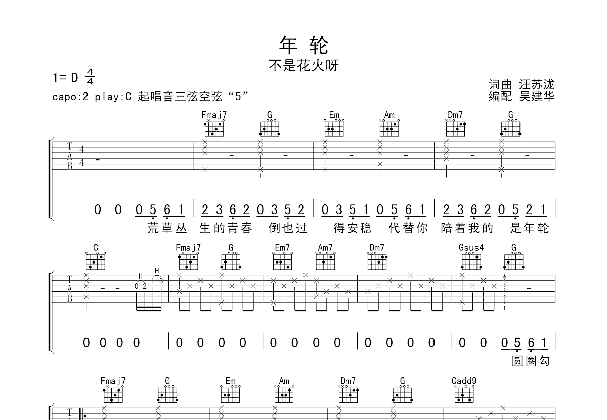 年轮吉他谱 - 张碧晨 - C调吉他弹唱谱 - 完整编配版 - 琴谱网