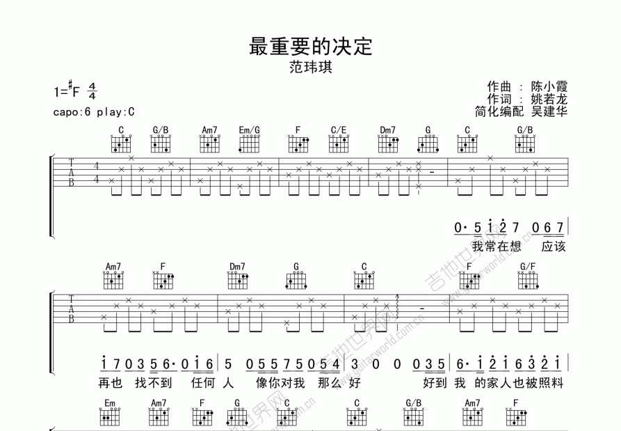 最重要的决定吉他谱_范玮琪_c调弹唱 - 吉他世界