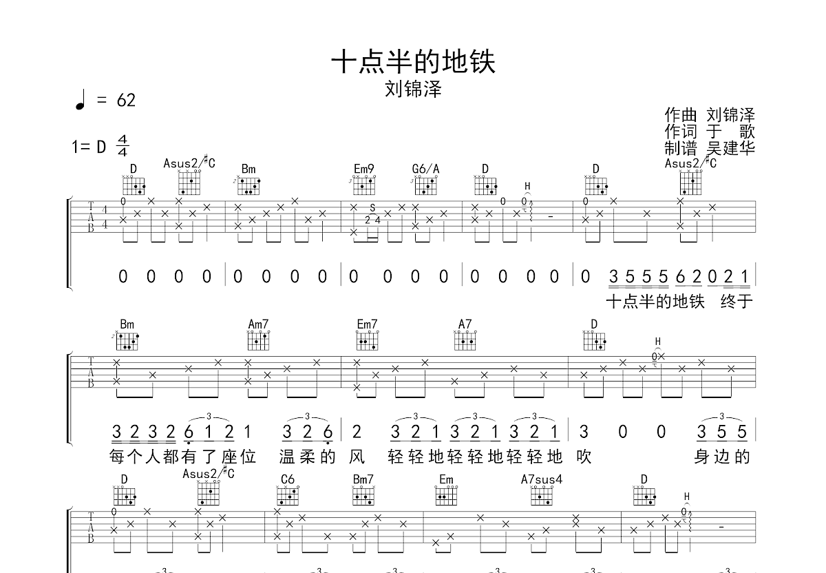 十点半的地铁（D调） - 刘锦泽 - 吉他谱(晓涛吉他编配) - 嗨吉他