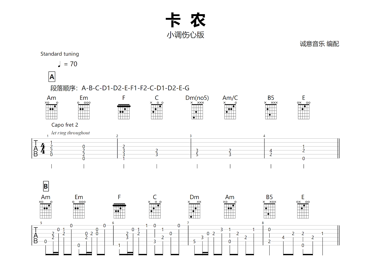 卡农尤克里里谱 帕海贝尔 C调简单版指弹谱 附音频-吉他谱中国