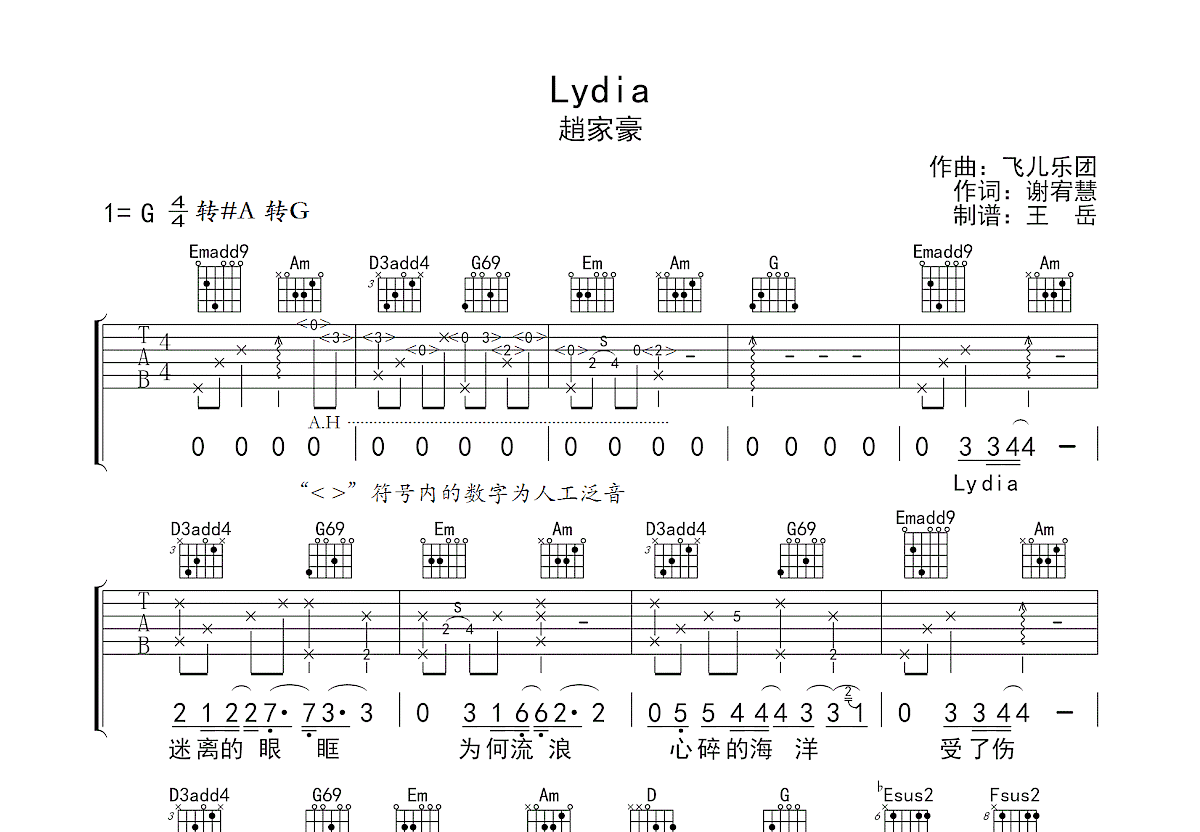 LYDIA吉他谱D调-飞儿乐团-LYDIA高清原版六线谱-吉他控