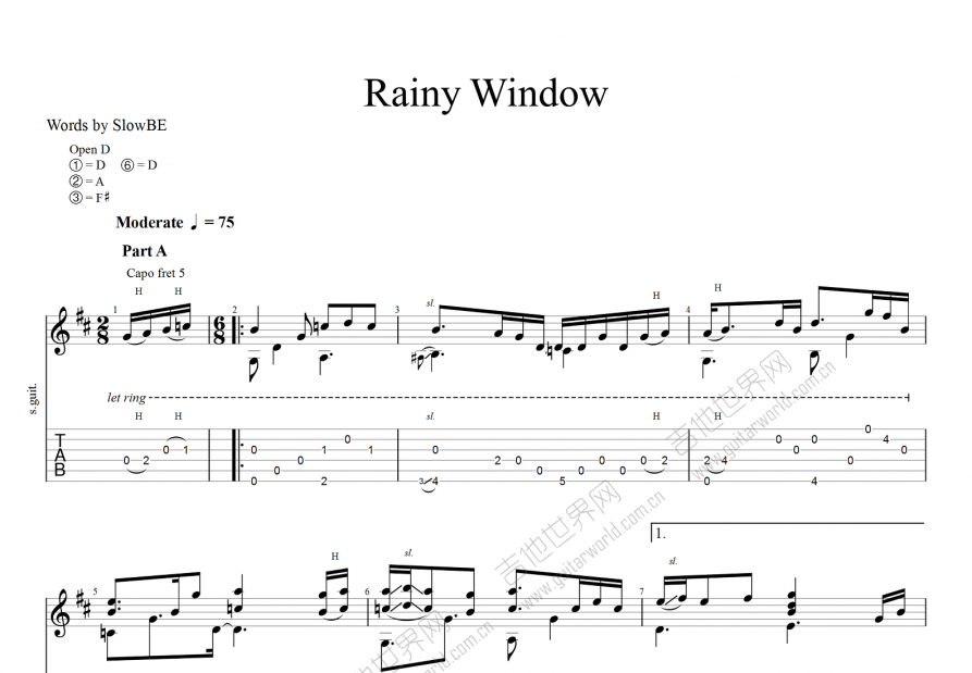 rainy window吉他谱_岸部真明_d调指弹 - 吉他世界