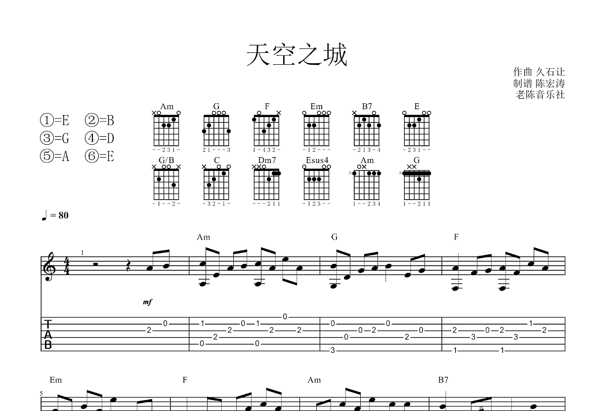 天空之城（C调指弹双吉他版） - 久石让 - 吉他谱(齐元义编配) - 嗨吉他