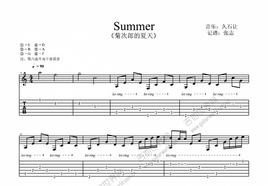 summer吉他谱_久石让_c调指弹吉他谱 - 吉他世界