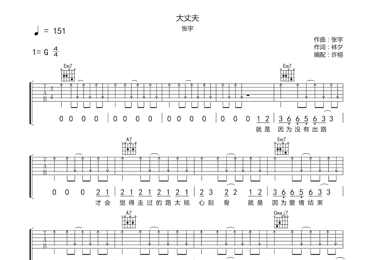 大丈夫吉他谱_张宇_g调弹唱66%原版 吉他世界