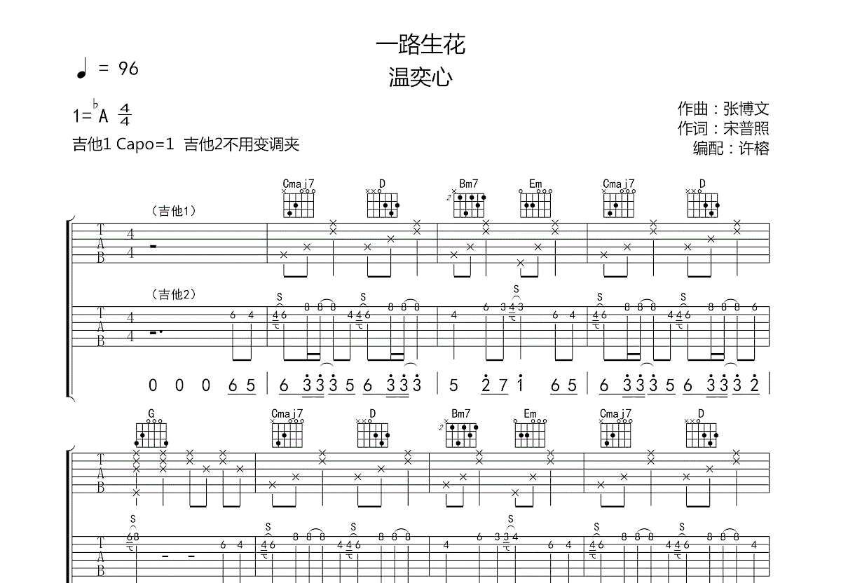 水中花C调六线PDF谱吉他谱-虫虫吉他谱免费下载