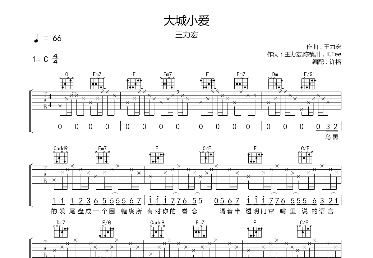 王力宏 - 大城小爱 [弹唱] 吉他谱