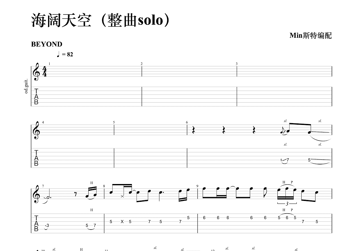 Beyond - 海阔天空(单吉他版+尾奏) 吉他谱
