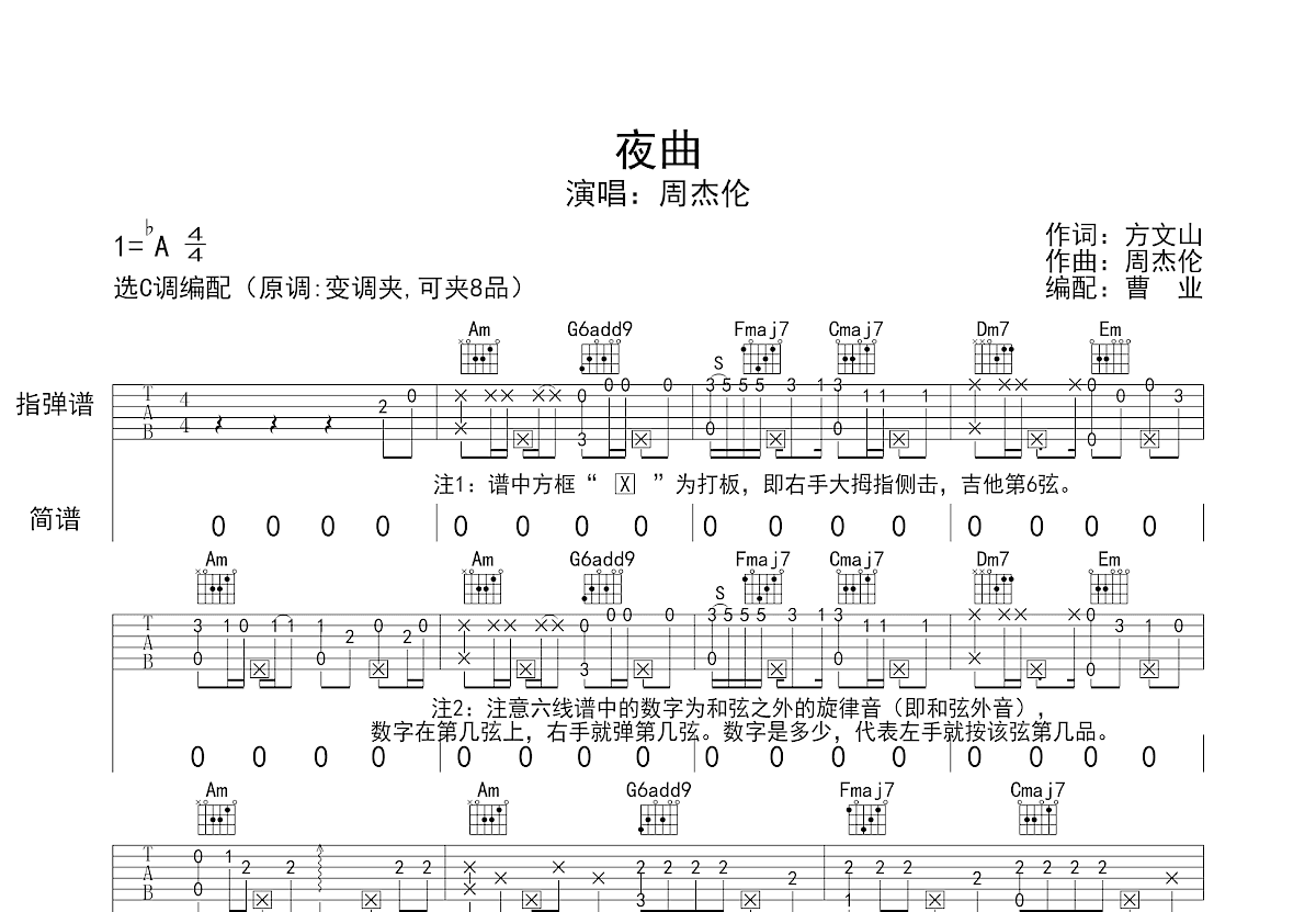 夜曲吉他谱 周杰伦 进阶A♭调流行弹唱谱-吉他谱中国