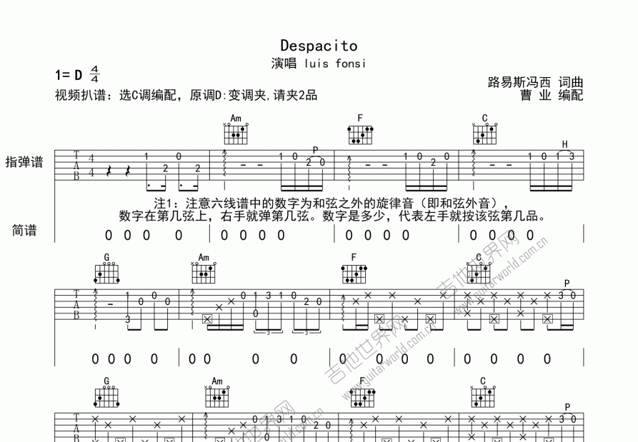 despacito吉他谱_luis fonsi_d调指弹 - 吉他世界
