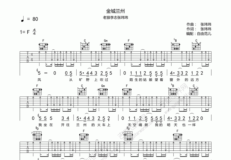 金城兰州吉他谱_张玮玮_f调弹唱吉他谱 - 吉他世界