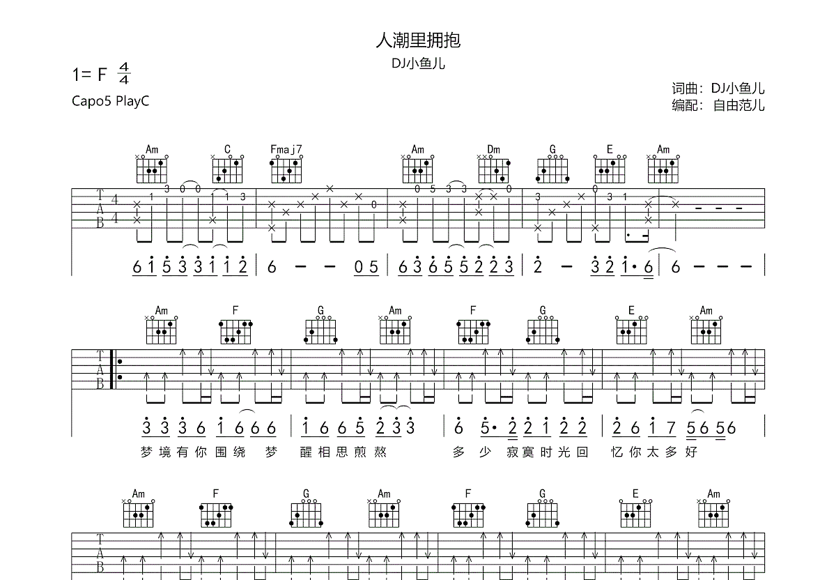 人潮里拥抱吉他谱_dj小鱼儿_c调弹唱71%原版 - 吉他世界
