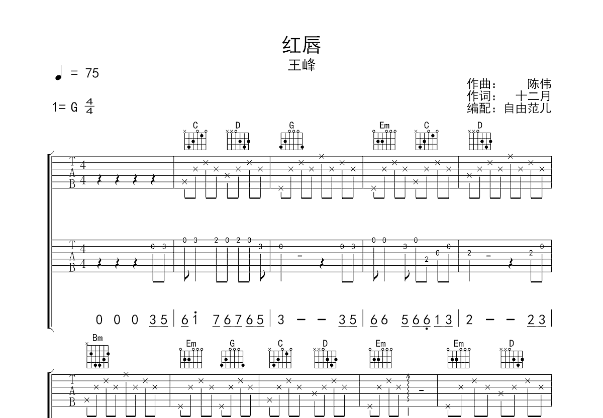 紅唇吉他譜_王峰_g調彈唱57%原版 - 吉他世界