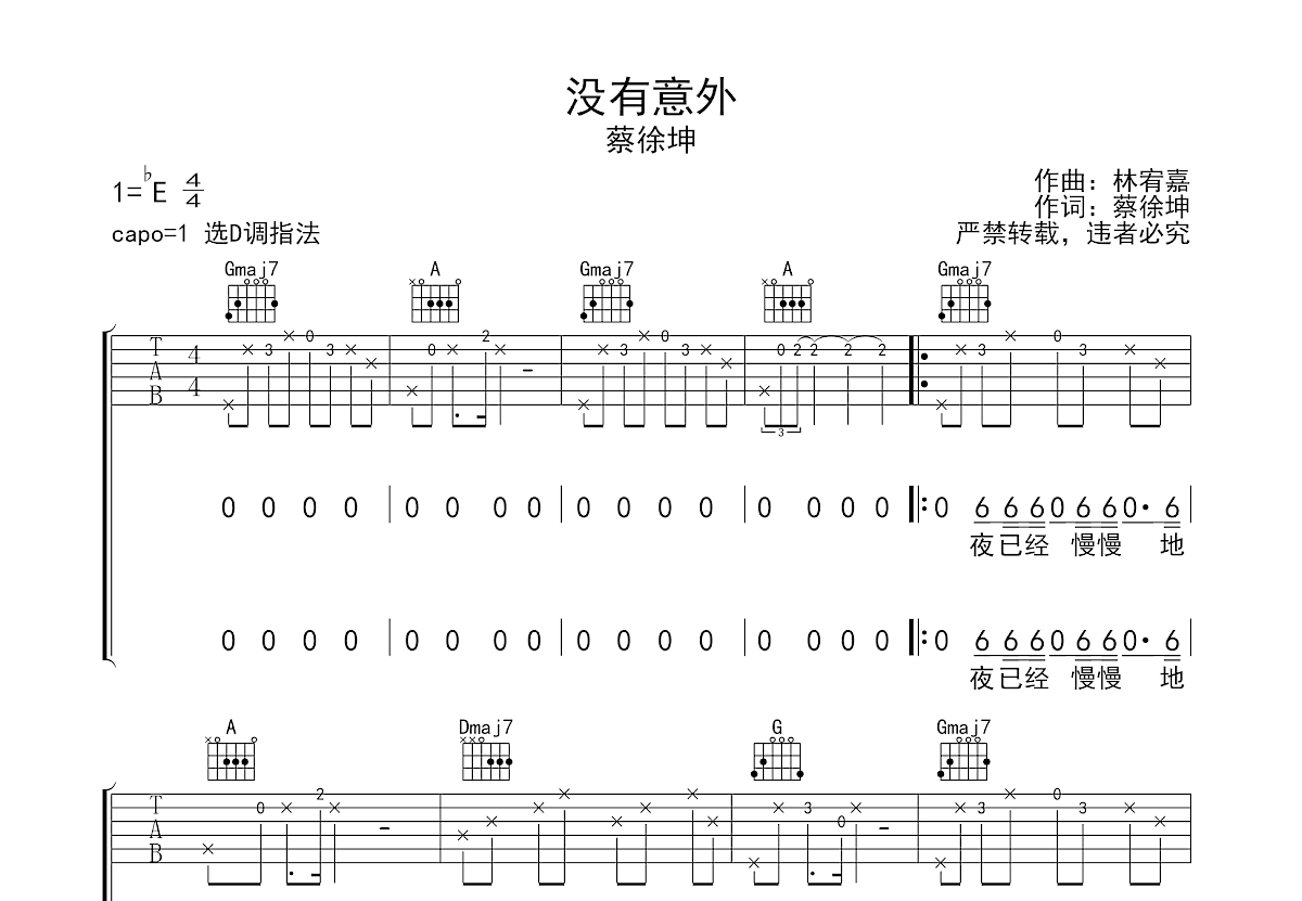 没有意外钢琴谱 数字图片