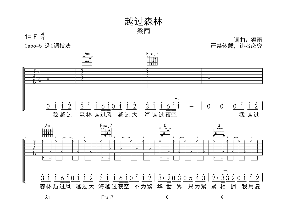 森林吉他谱 F调 Mr.乐队-琴艺谱