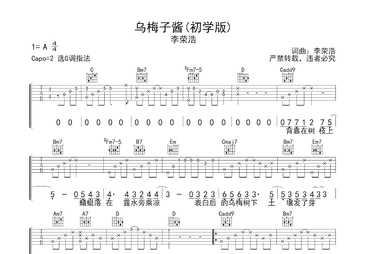 乌梅子酱吉他谱 李荣浩 G调弹唱74 专辑版 吉他世界