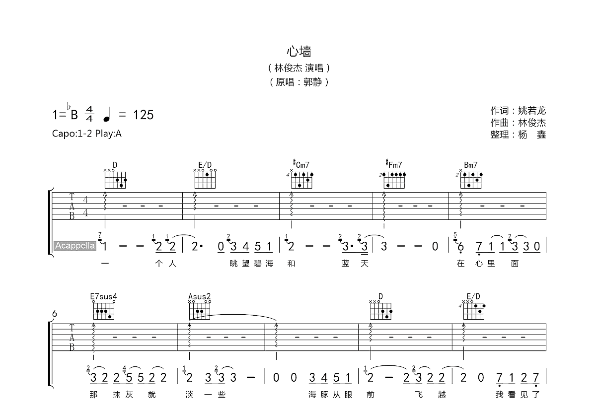 林俊杰《心墙》吉他谱(A调)-Guitar Music Score-看乐谱网
