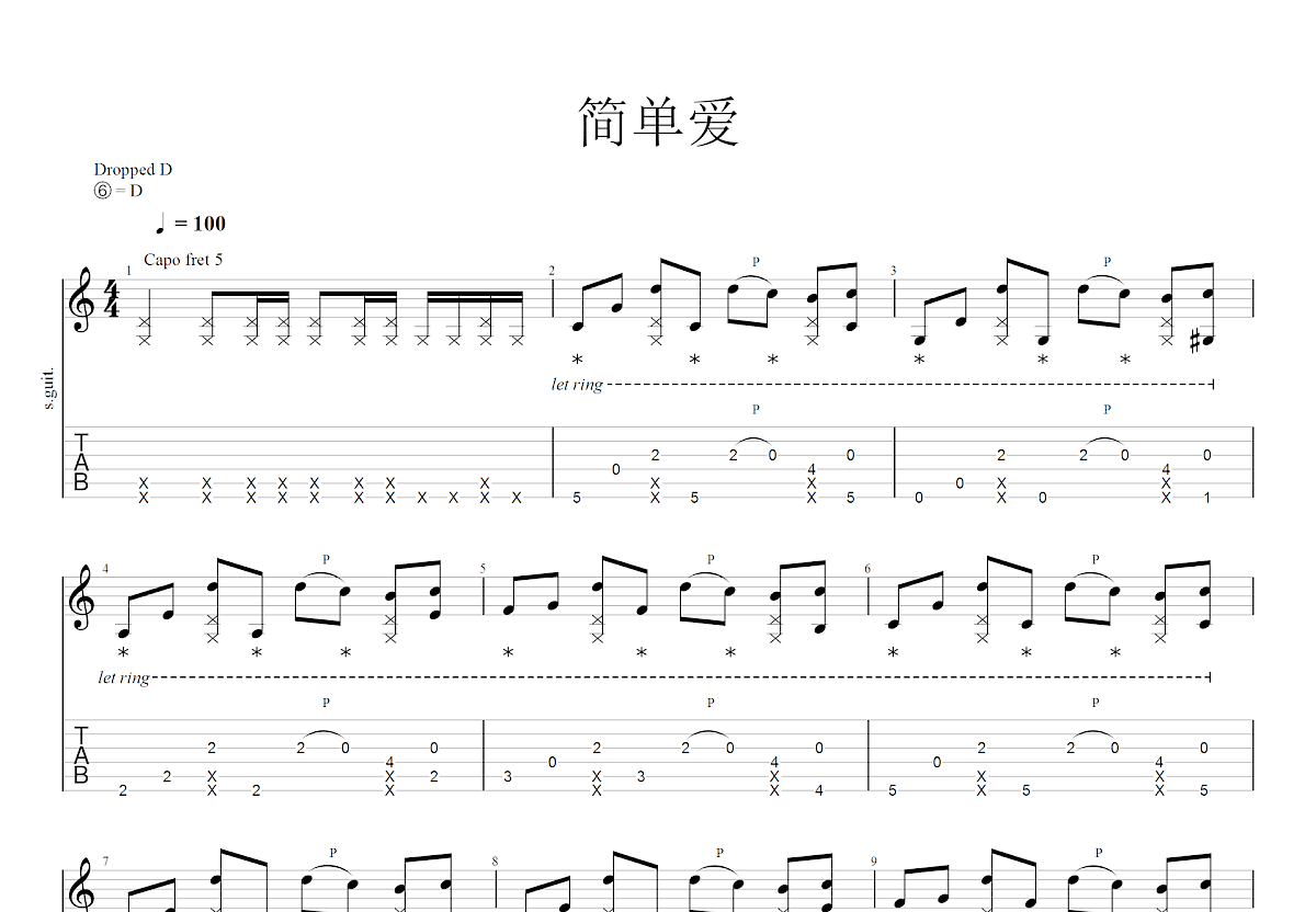 《简单爱》吉他谱-周杰伦-C调原版六线谱-吉他弹唱教学-吉他源