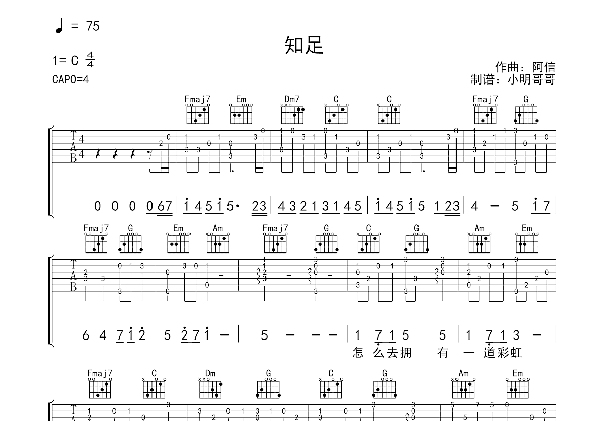 知足（简单版）吉他谱 五月天 入门E大调流行 弹唱谱-吉他谱中国