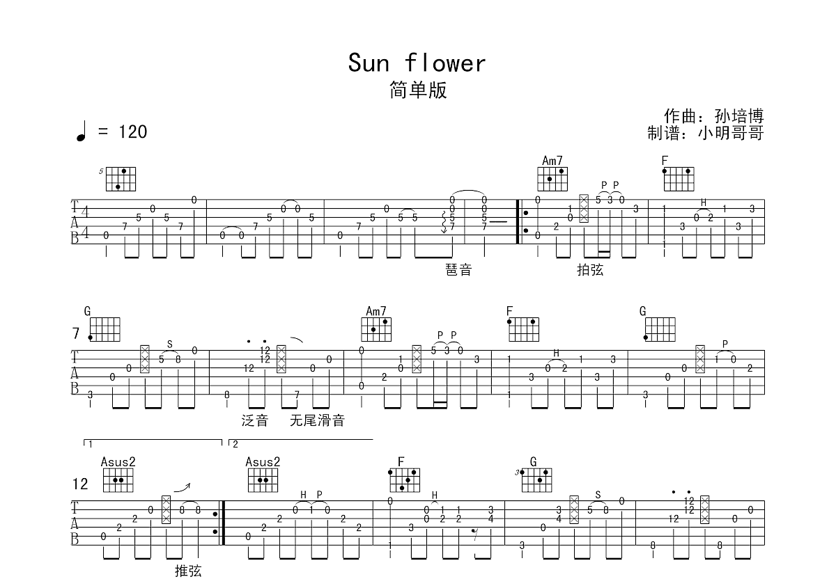 Sunflower吉他谱_孙培博_标准调指弹独奏六线谱附教学 - 吉他园地